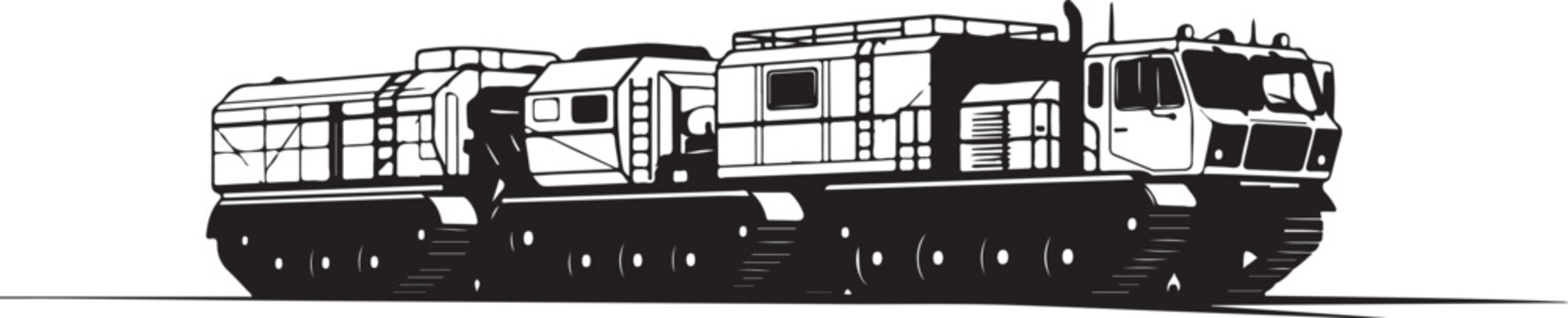 Industrial Locomotive, Train Engine, Black and White Illustration, Vector Graphic