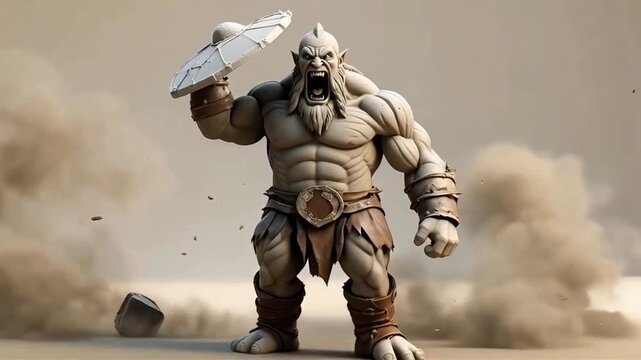 Angry Orc Warrior Sculpture Holding Shield 3D Illustration 
