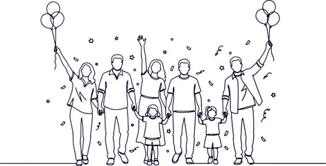 Family celebrating together holding balloons and smiling joyfully © Sadhin