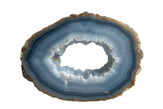 Blue agate geode slice displaying natural layers and crystalline structure, gemstone healing mineral geology art