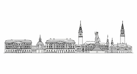 Fototapeta premium Line drawing of a city skyline with classical buildings and towers