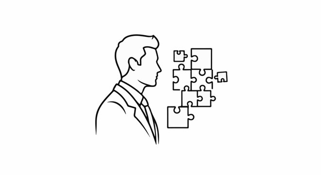 Man in suit facing scattered puzzle pieces