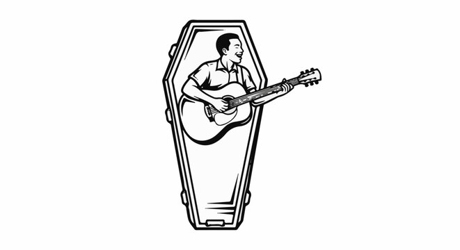 Man plays guitar inside a coffin, smiling happily