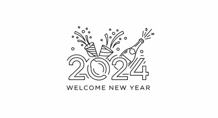 Fototapeta premium Line art celebrating the new year with confetti poppers and a champagne bottle
