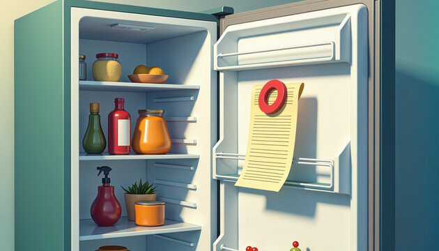 Open refrigerator filled with various food items and drinks, featuring a shopping list attached to the door, concept of meal preparation and grocery planning.