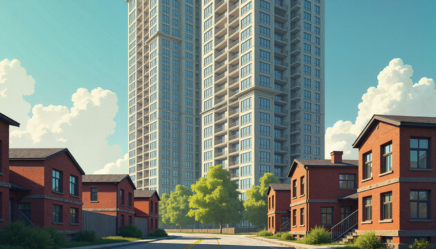 Modern high-rise buildings towering over traditional red brick houses. A blend of urban development and classic architecture representing the theme of elections and community growth.