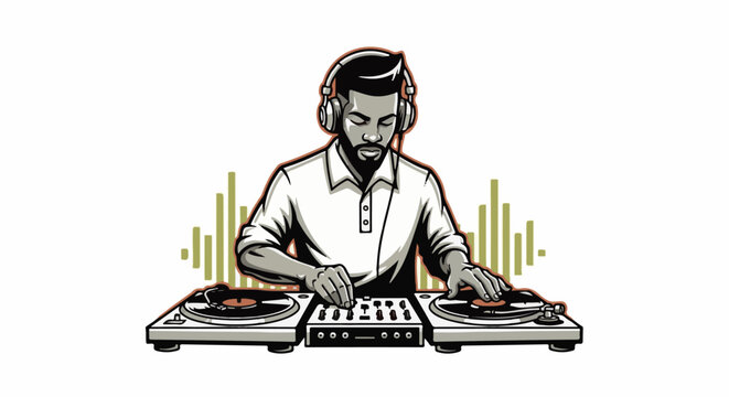 Man with headphones mixing music on turntables with equalizer graphic
