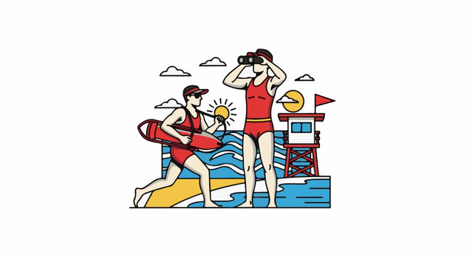 Lifeguards on duty at the beach with a rescue float and binoculars
