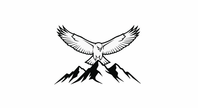 Majestic bird with wings spread wide descends over sharp, black mountain peaks