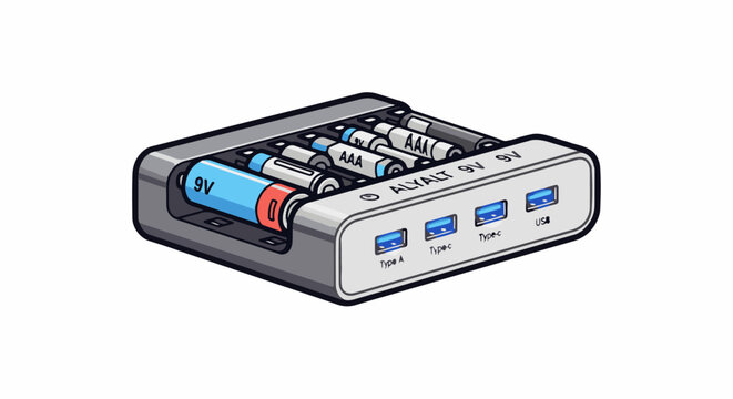 Isometric pixel art of a battery charger with multiple battery types and USB ports