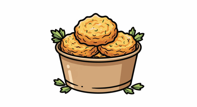 Illustration of golden brown crunchy snacks in a paper cup with herbs