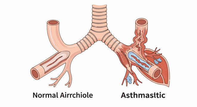 Medical illustration comparing normal and constricted airways with respiratory conditions