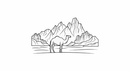 Naklejka premium Line art of a camel standing in a desert landscape with mountains