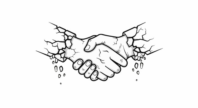 Hands shaking through broken wall graphic