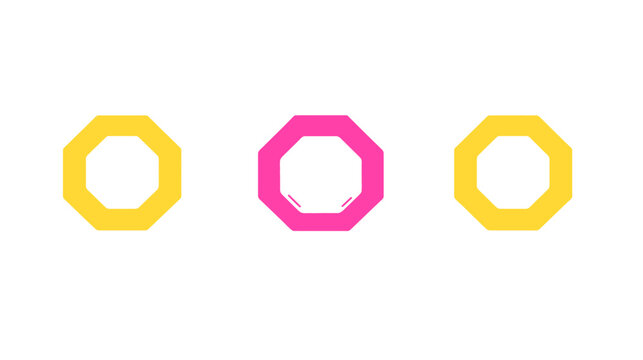 Three octagon shapes aligned horizontally, yellow on the ends, pink in middle