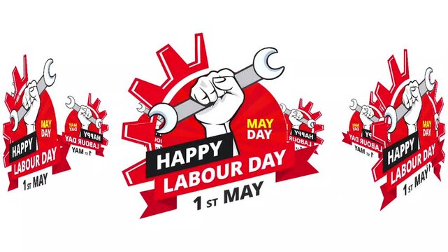 Happy Labour Day 1st May Animated Banner Fist Wrench Gear Typography