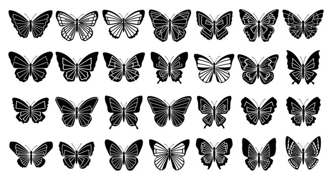Collection of various butterfly silhouettes on white background.