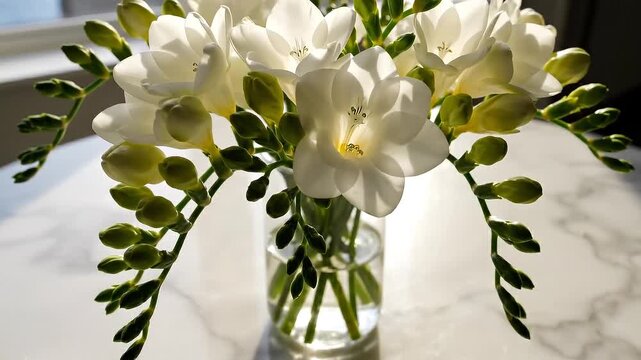 Elegant white freesia flower bouquet in clear glass vase on marble table. delicate display of natures floral beauty and serene purity