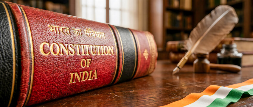Macro close-up of the spine of a premium leather-bound Constitution of India book in a warm library, featuring a quill pen, wooden gavel, and tricolor ribbon.