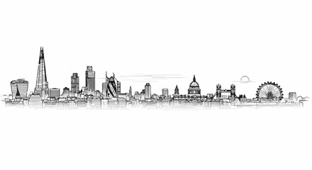 Obraz premium Hand-drawn outline sketch of a city skyline with prominent modern and historic buildings