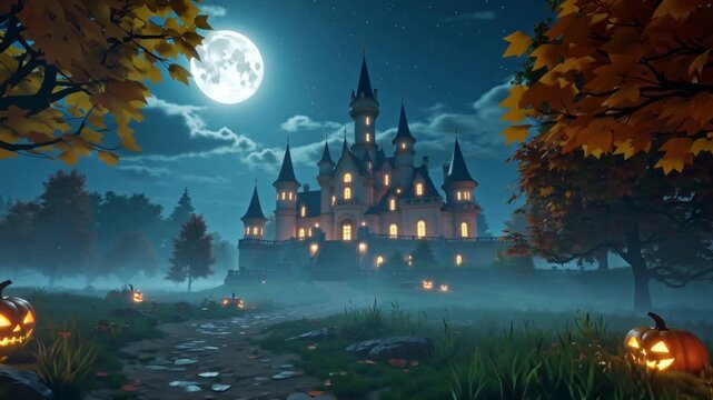 Cartoon-style haunted castle surrounded by twisted trees, glowing jack-o&rsquo;-lanterns, purple night sky, looping fog rolling across the ground