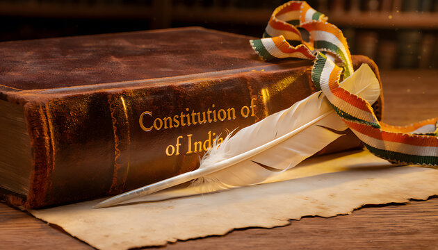 Close-up of a vintage leather-bound Constitution of India book resting on a wooden desk with a white quill pen, blank parchment, and Indian tricolor ribbon.