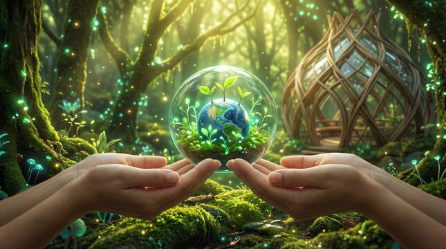 Hands cradling a glowing glass globe with Earth and green plants inside a magical forest