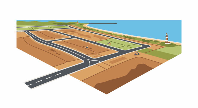 Isometric view of coastal land development with roads and structures