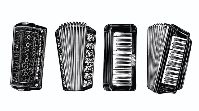 Four accordions with various designs shown in black and white sketch style art
