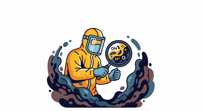 Hazmat suit scientist examines microbes and chemicals under magnifying glass
