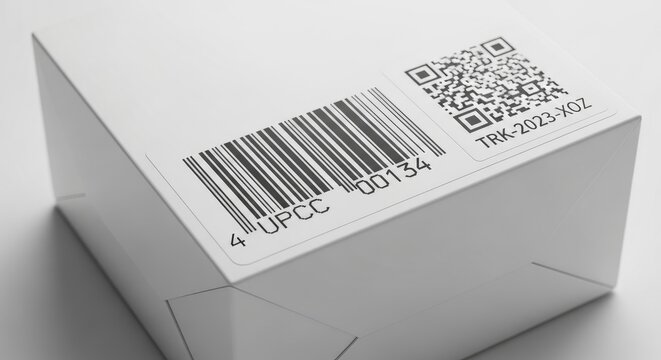 Barcode and QR Code on White Box Packaging.
