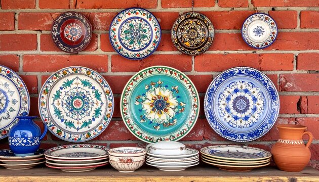 Decorated plates arranged on a brick wall