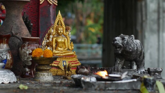 Golden Thai Buddha Statue with Flame Halo Seated on Ornate Base with Candle Flame and Red Offerings