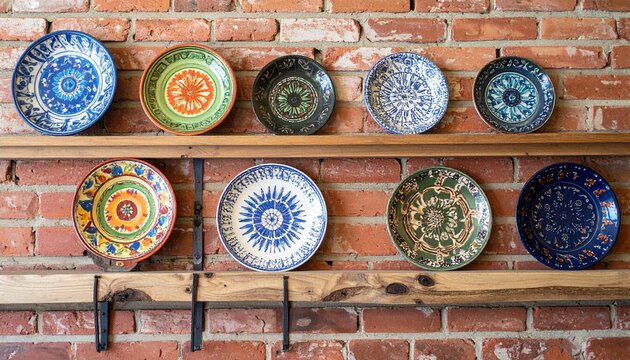 Decorative plates on wooden shelves
