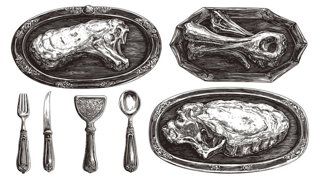 Detailed gray illustration of meat plates, bones, and antique silverware