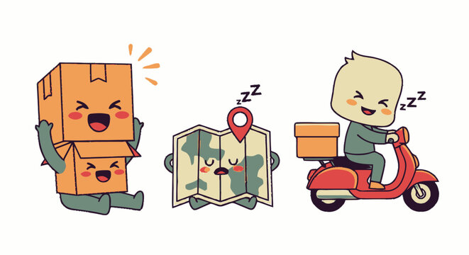 Cartoon Characters Representing Delivery, Navigation, and Packaging Concepts.