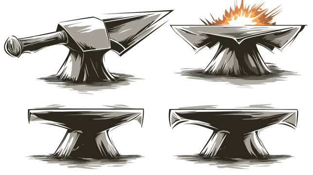 Four stylized anvils, in black, gray, and white, one with fire bursting from it