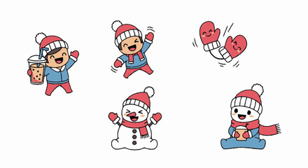 Fototapeta premium Cheerful Cartoon Characters Enjoying Winter Activities with Joyful Expressions.
