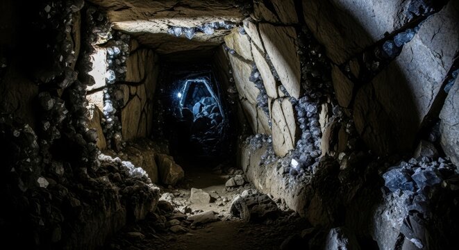 Exploration of a rough-hewn stone mine tunnel with natural light illuminating the dark passage ahead