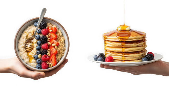 Delicious pancakes with fresh fruits and syrup isolated on transparent background