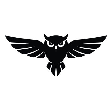 Black owl silhouette with outstretched wings spread wings white background owl logo bird logo animal logo owl illustration silhouette majestic isolated creature minimalist feathers