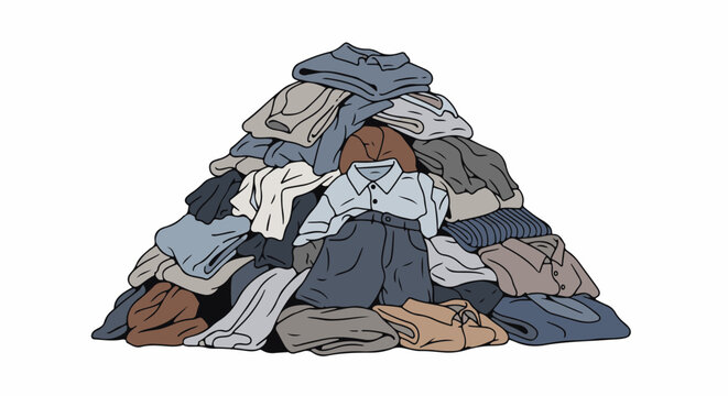 Large pile of folded and unfolded clothes in neutral colors on a white background
