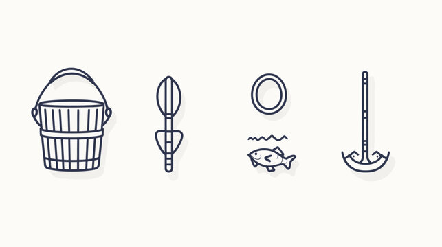 Line art of bucket, harpoon, fish, and rake in stylized cartoon drawing isolated on white