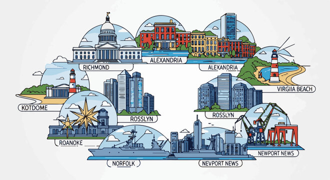 Illustrated collage of Virginia cities with unique landmarks and architecture