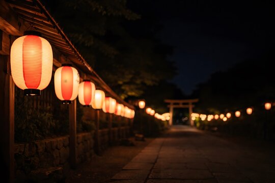 Traditional Glowing Japanese Lanterns at Night with Copy Space