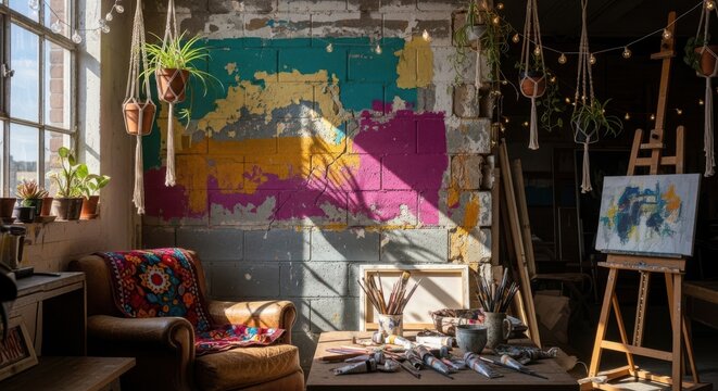 Distressed painted cinder block wall in an art studio with art supplies and vibrant colors