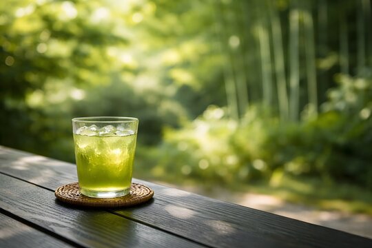 Iced Green Tea on a Traditional Veranda with Bamboo Forest View