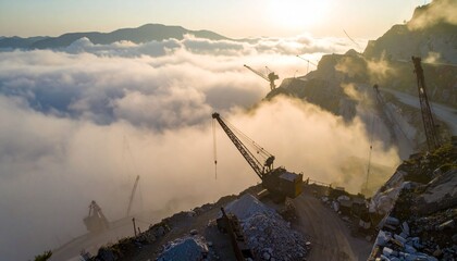 Fototapeta premium Industrial cranes on mountain top at sunrise
