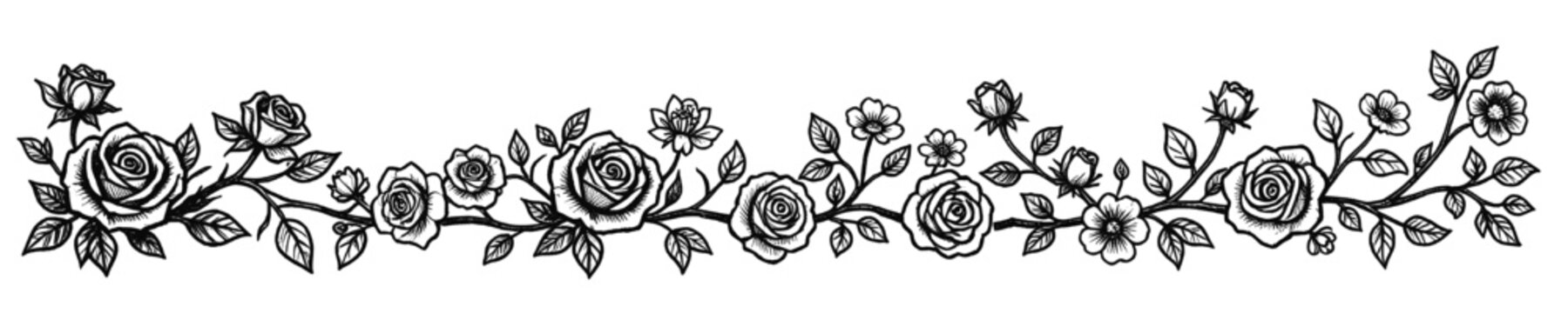 hand drawn rose floral border with detailed leaves blossoms and vines black and white botanical line art decorative design