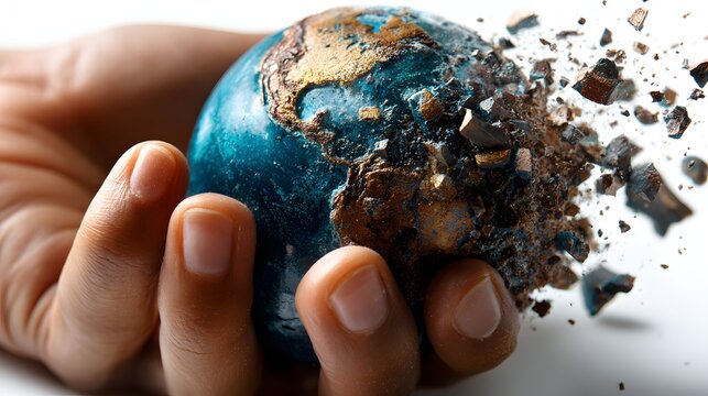 Hand crushing earth globe environmental destruction human impact concept
